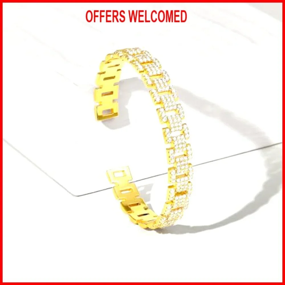 14K Gold Plated Cuff Bracelet, Adjustable Open Bangle, Cubic Zirconia - Picture 7 of 7